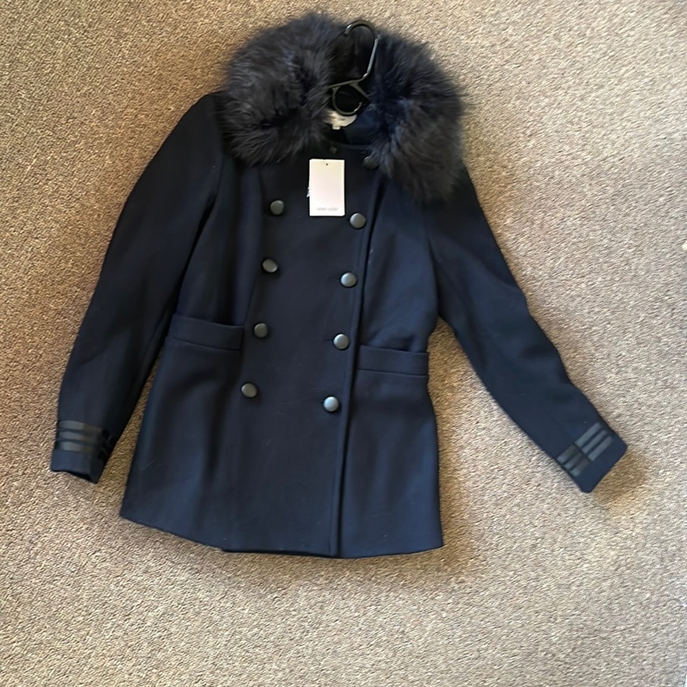 Navy Dress Coat with Faux Fur Collar